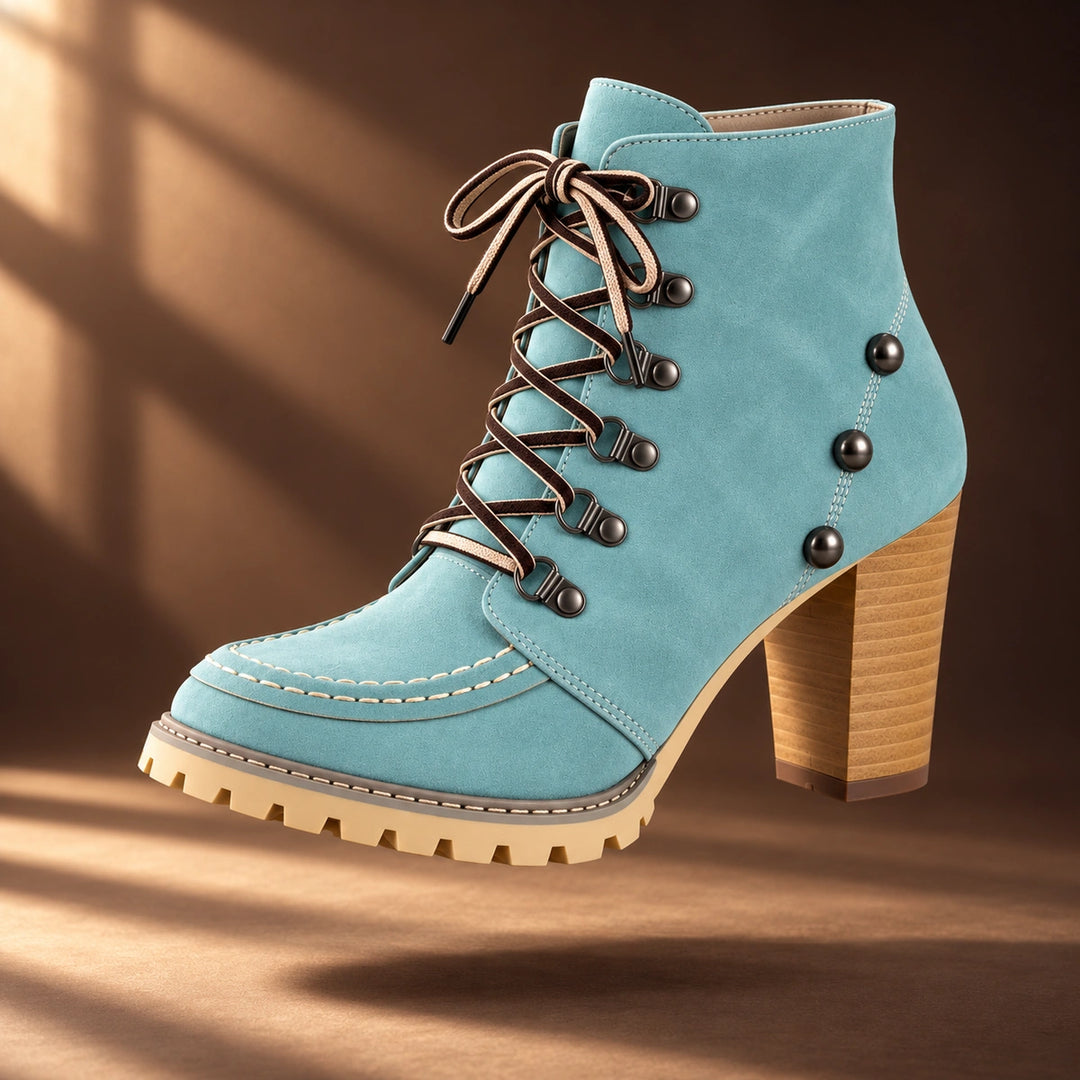 Donna Studded Lace-Up Lug Sole Heeled Ankle Boots - Mint
