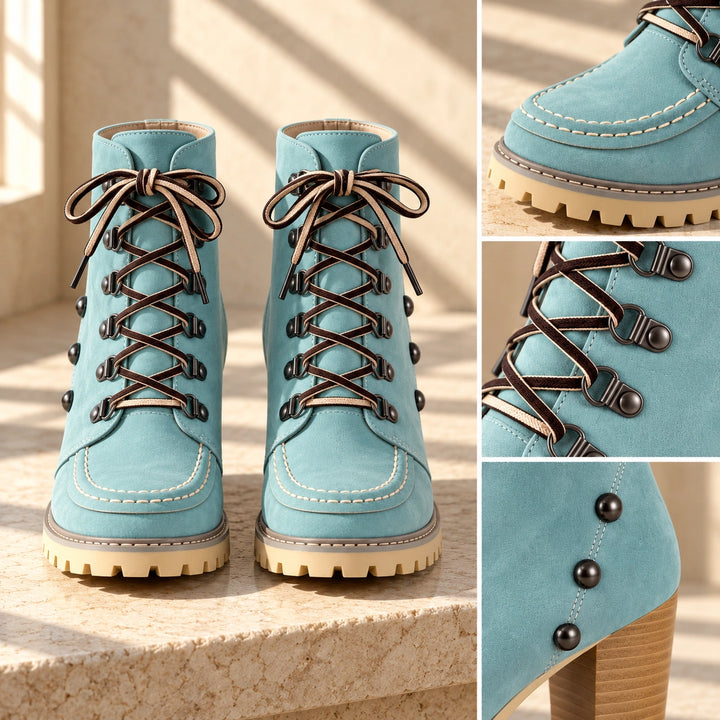 Donna Studded Lace-Up Lug Sole Heeled Ankle Boots - Mint