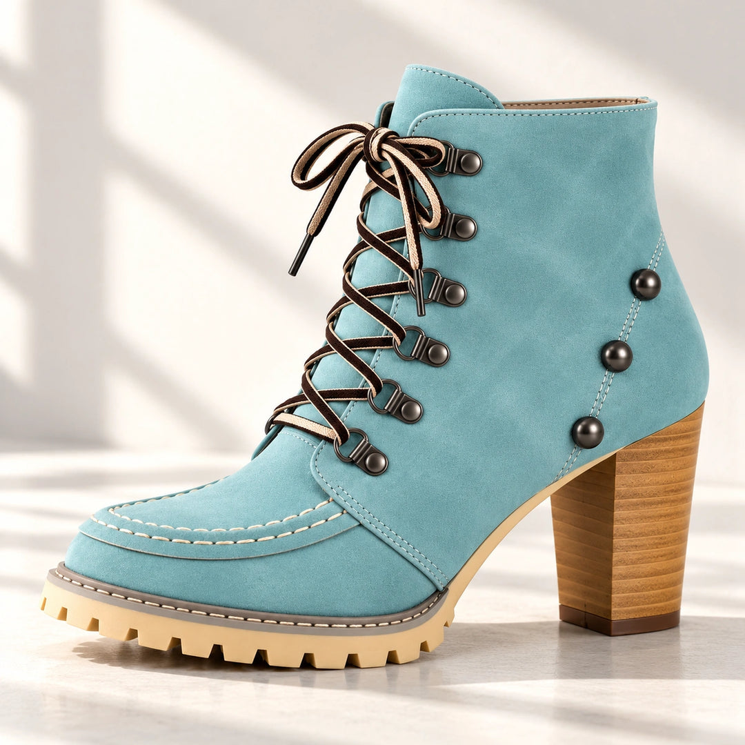 Donna Studded Lace-Up Lug Sole Heeled Ankle Boots - Mint