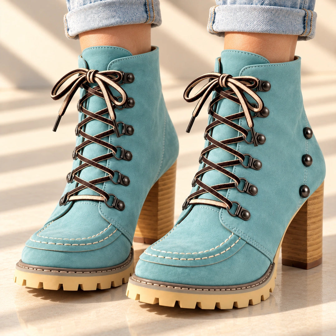 Donna Studded Lace-Up Lug Sole Heeled Ankle Boots - Mint