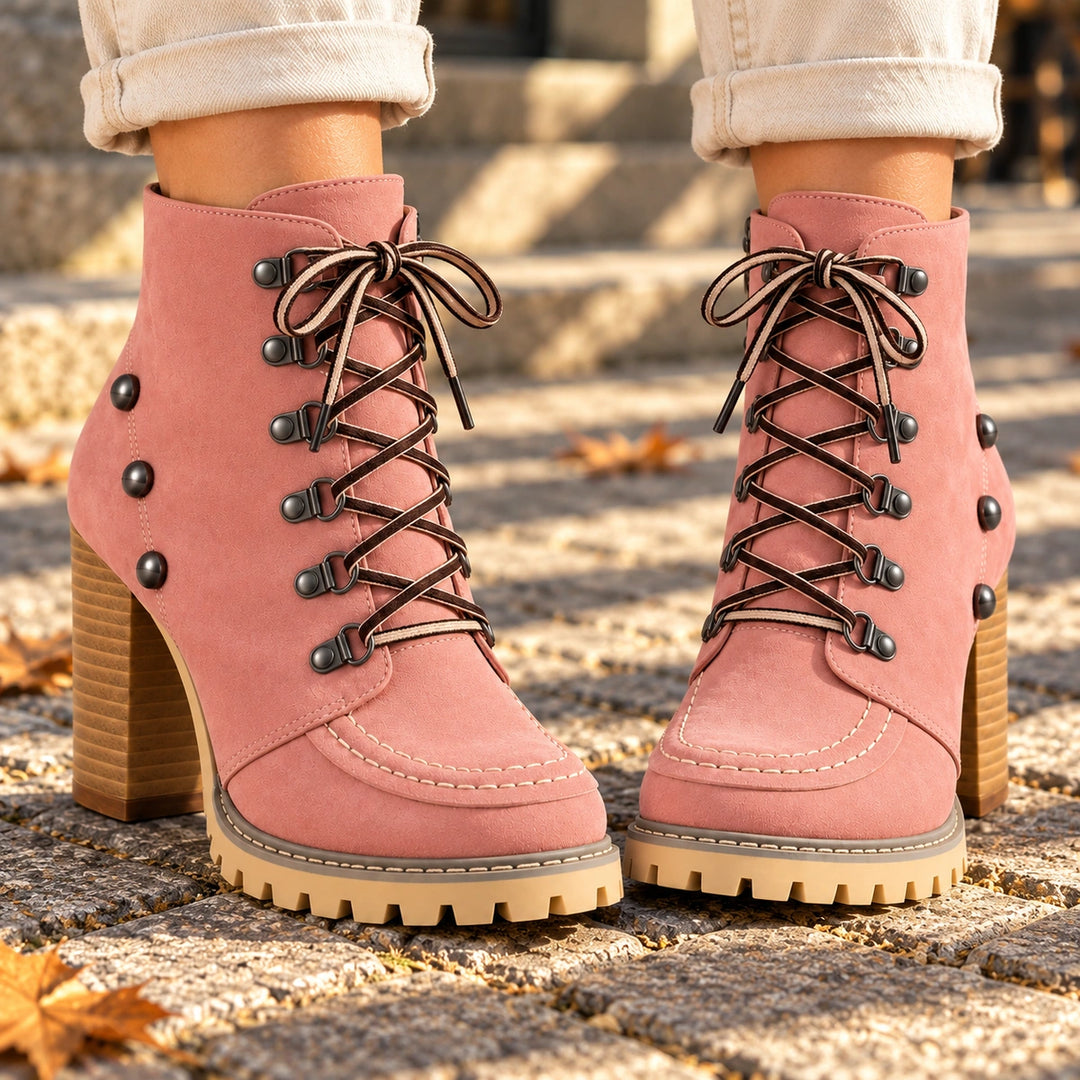 Donna Studded Lace-Up Lug Sole Heeled Ankle Boots - Pink