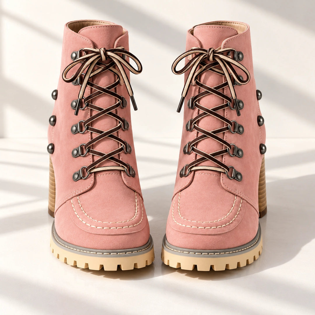 Donna Studded Lace-Up Lug Sole Heeled Ankle Boots - Pink