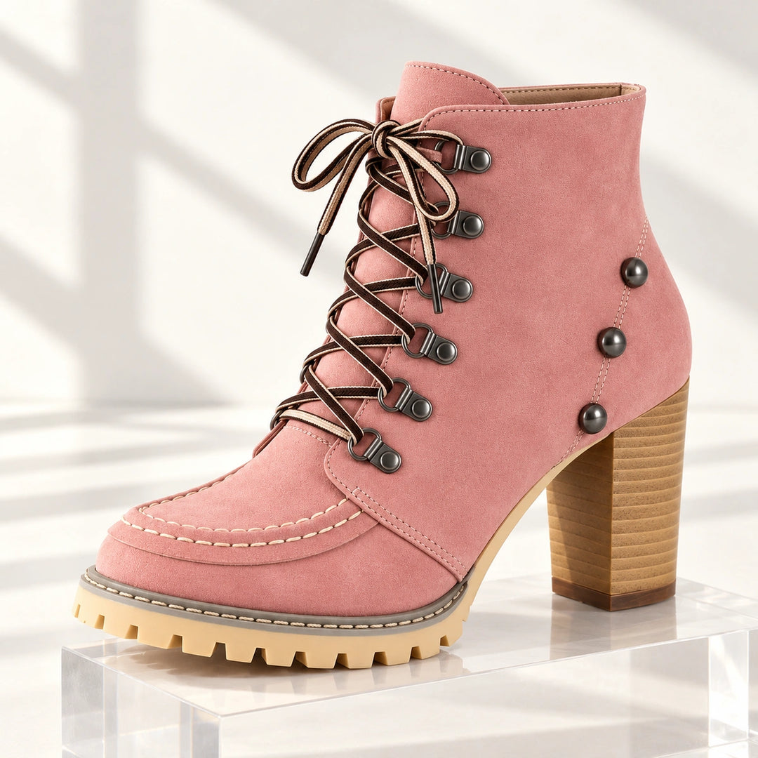 Donna Studded Lace-Up Lug Sole Heeled Ankle Boots - Pink