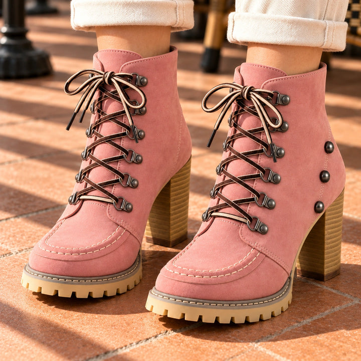 Donna Studded Lace-Up Lug Sole Heeled Ankle Boots - Pink
