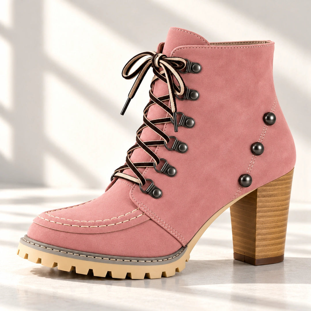 Donna Studded Lace-Up Lug Sole Heeled Ankle Boots - Pink