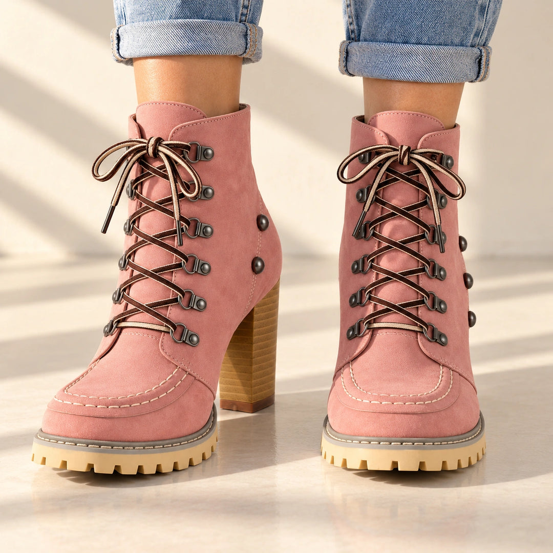 Donna Studded Lace-Up Lug Sole Heeled Ankle Boots - Pink