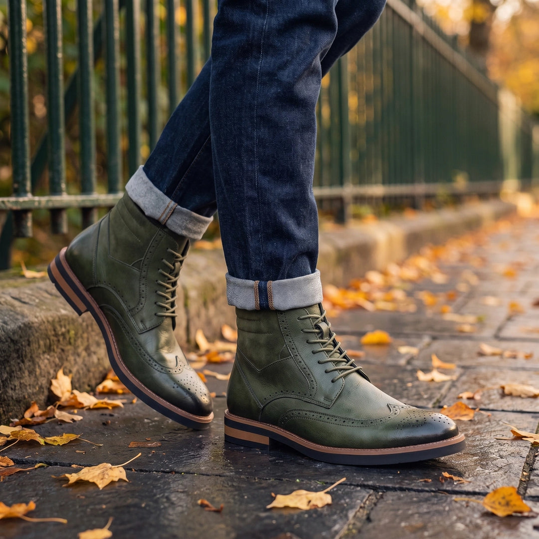 Dorian Wingtip Brogue Boots - Olive