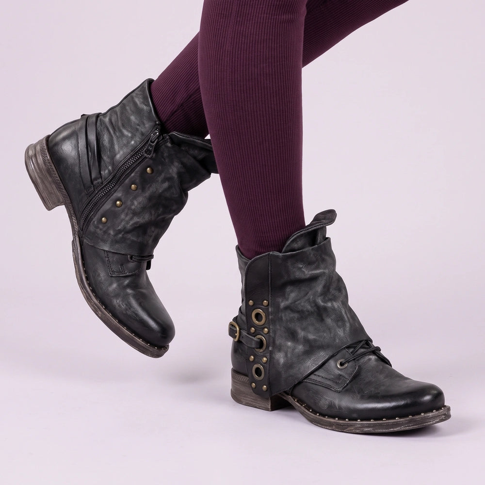 Doris Distressed Leather Studded Boots - Black