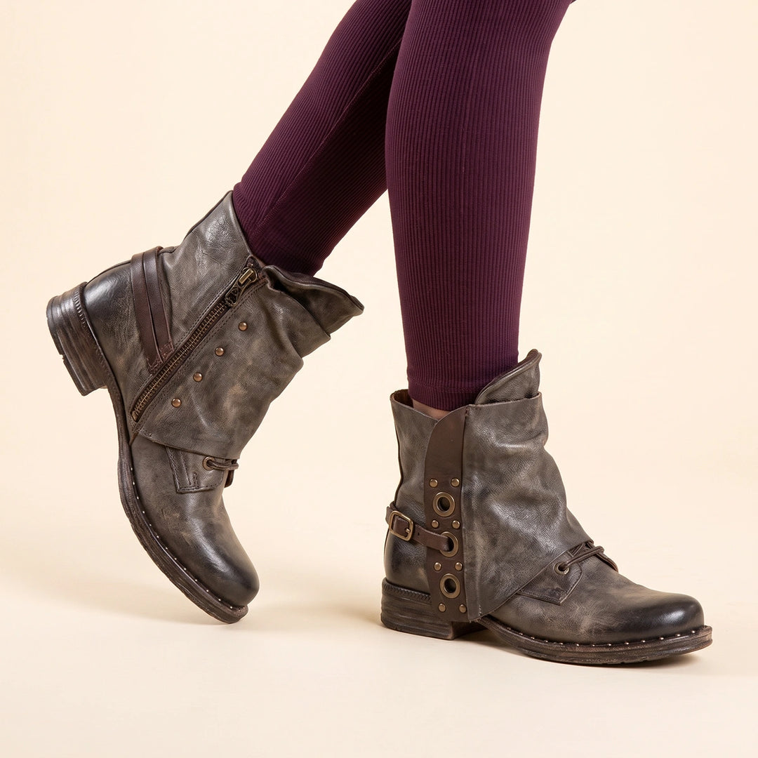 Doris Distressed Leather Studded Boots - Brown