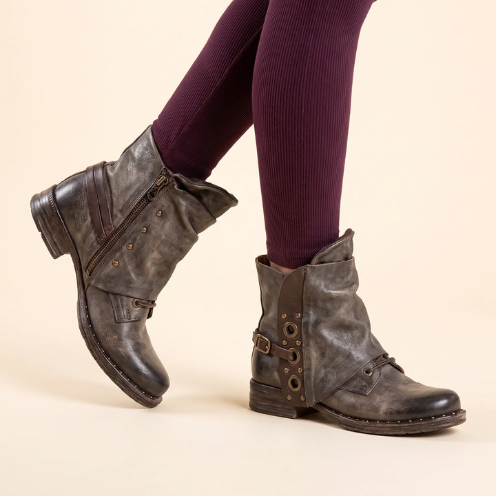 Doris Distressed Leather Studded Boots - Brown