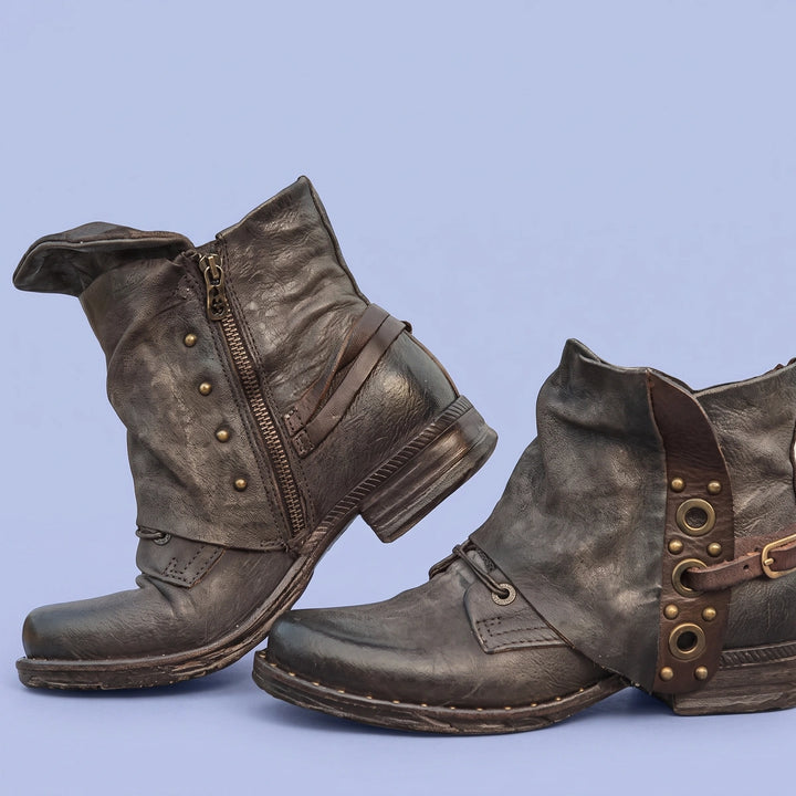 Doris Distressed Leather Studded Boots - Brown