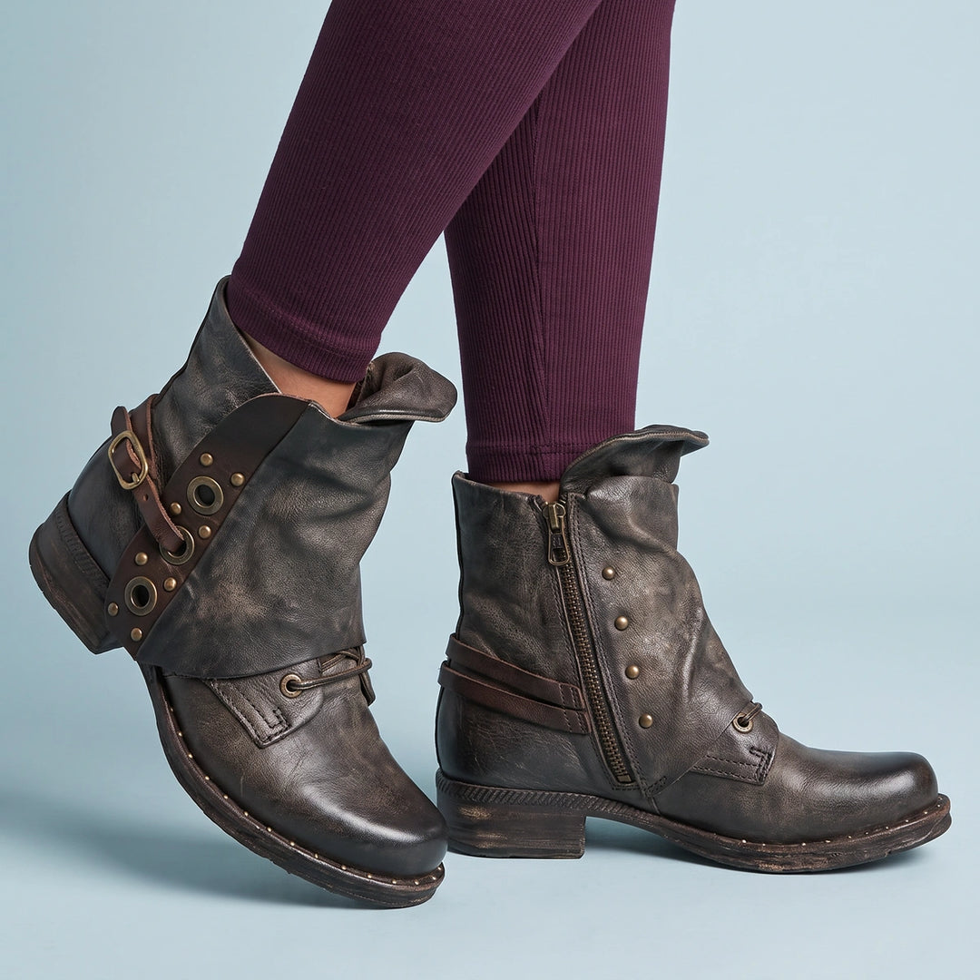 Doris Distressed Leather Studded Boots - Brown