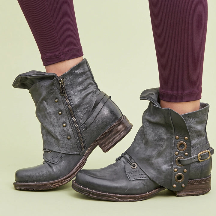 Doris Distressed Leather Studded Boots - Gray