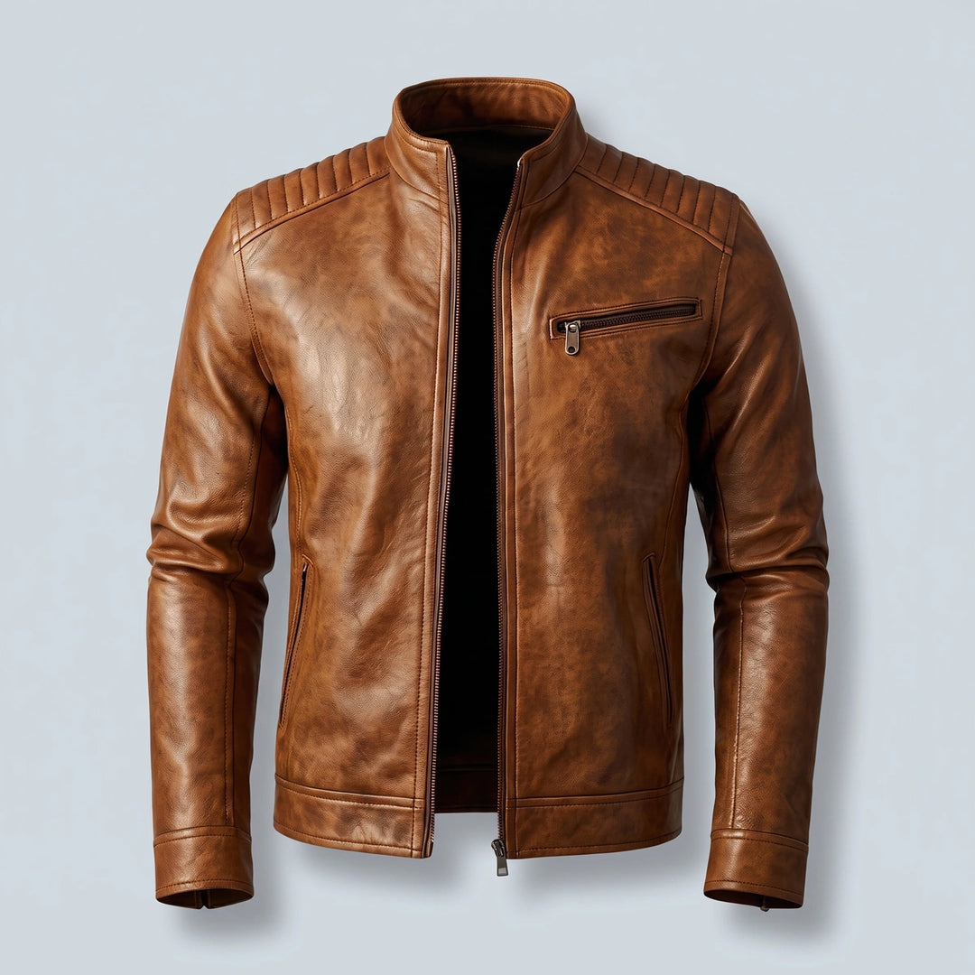 Edmund Burnished Leather Zip Jacket - Cognac