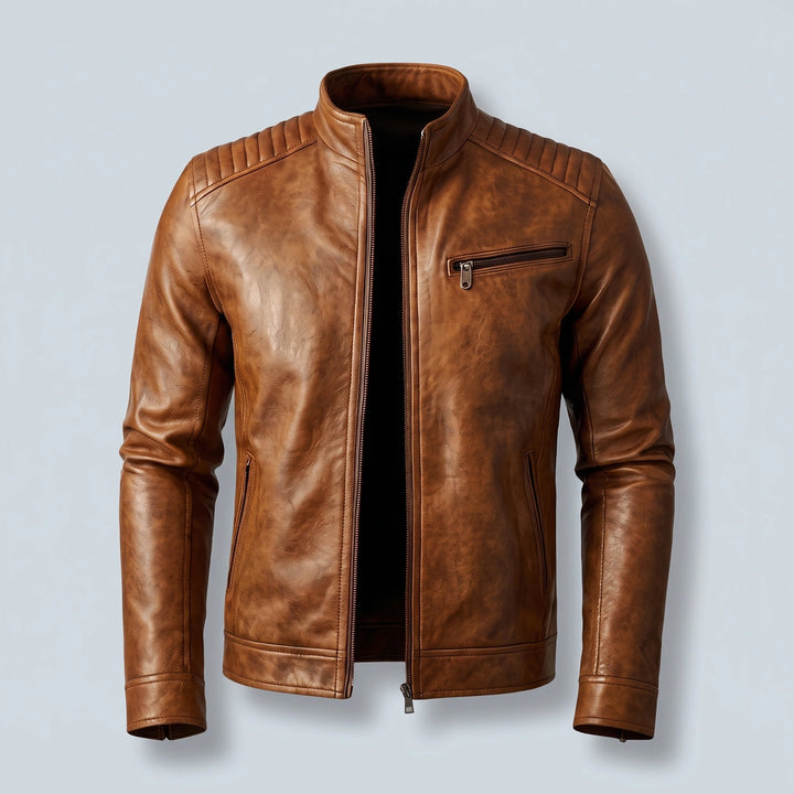 Edmund Burnished Leather Zip Jacket - Cognac