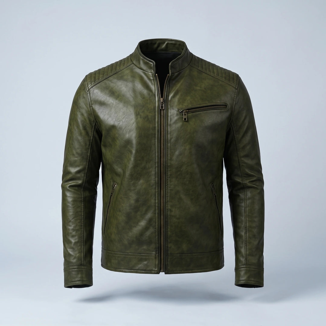 Edmund Burnished Leather Zip Jacket - Olive