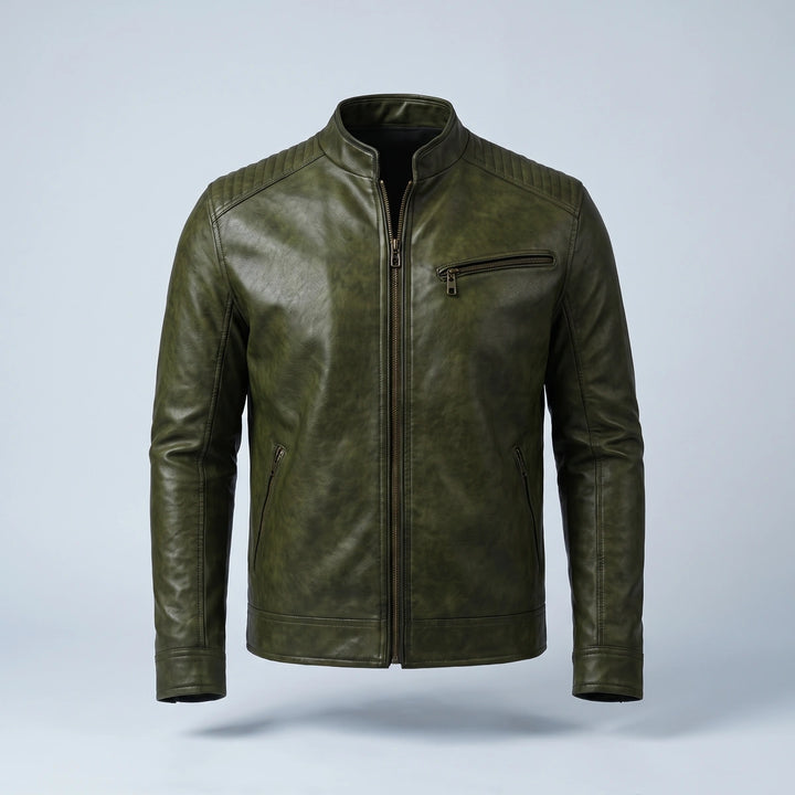 Edmund Burnished Leather Zip Jacket - Olive