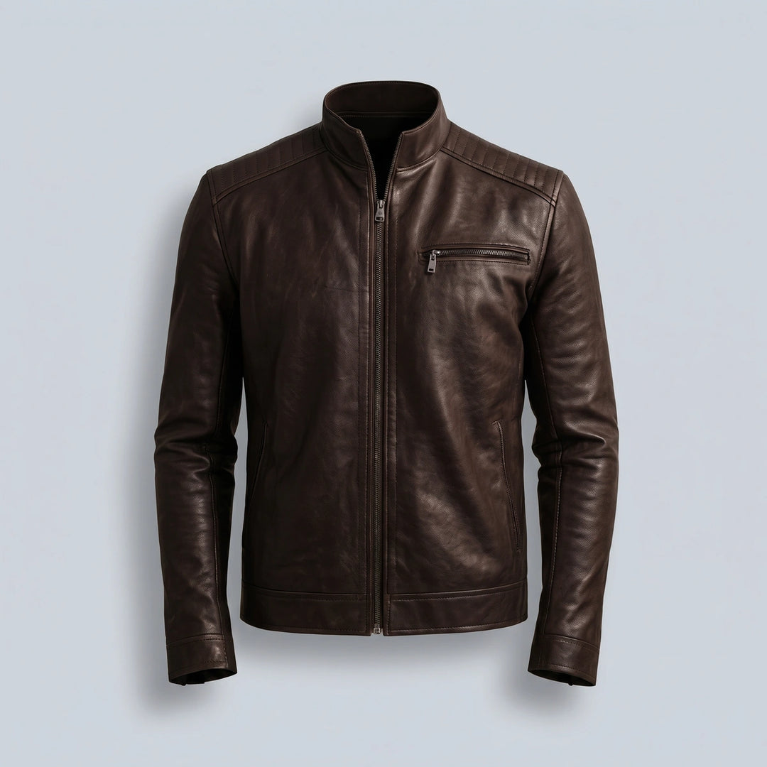 Edmund Burnished Leather Zip Jacket - Brown