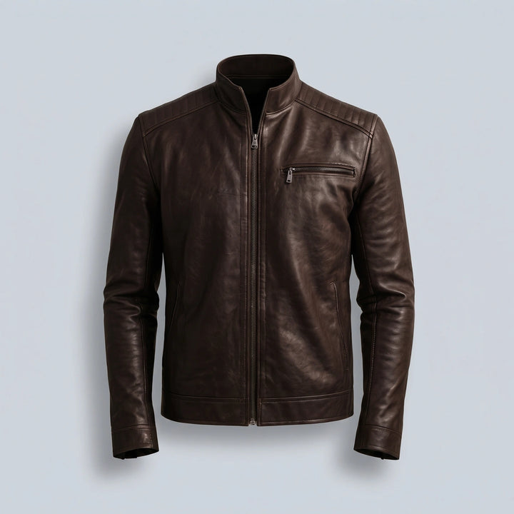 Edmund Burnished Leather Zip Jacket - Brown