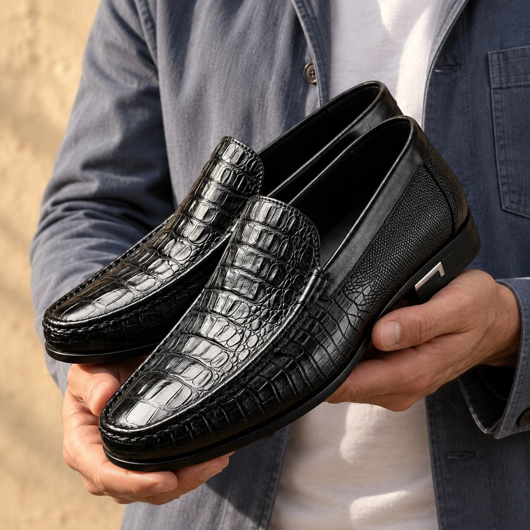 Edward Croc Embossed Leather Loafers - Black