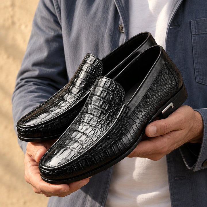 Edward Croc Embossed Leather Loafers - Black