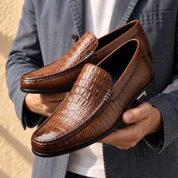 Edward Croc Embossed Leather Loafers - Brown