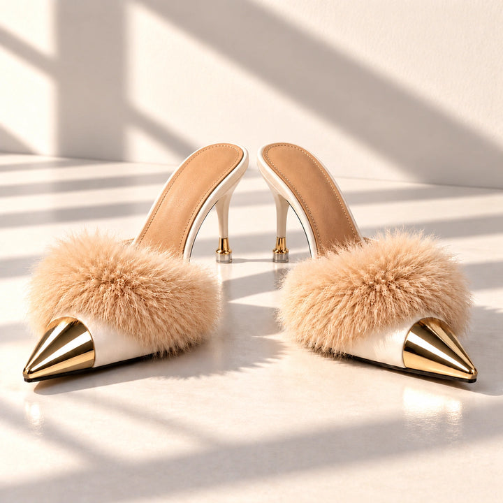 Eleanor Feather Trim Metal Toe Mule Heels - Beige
