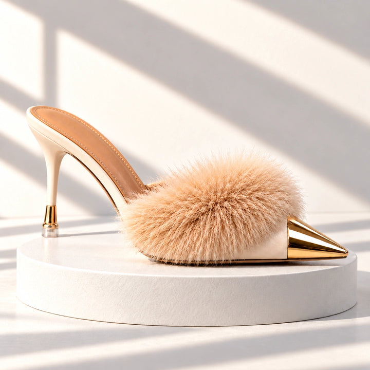 Eleanor Feather Trim Metal Toe Mule Heels - Beige