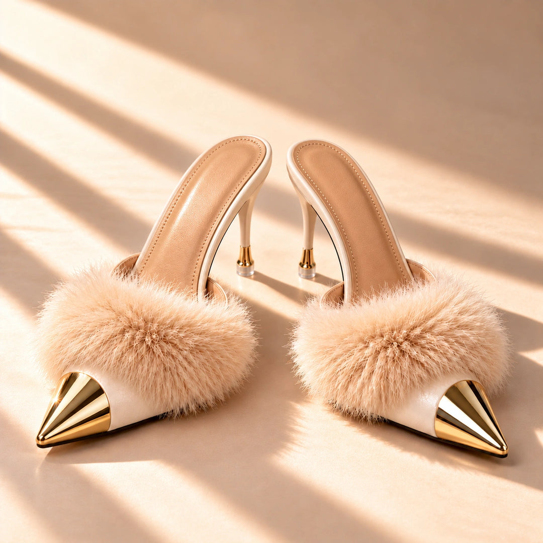 Eleanor Feather Trim Metal Toe Mule Heels - Beige