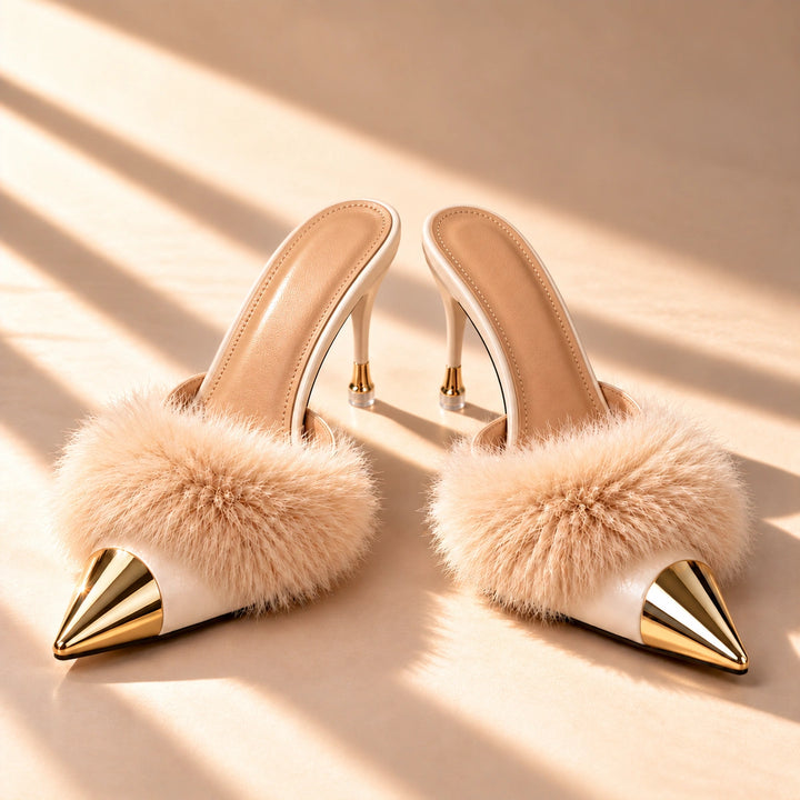 Eleanor Feather Trim Metal Toe Mule Heels - Beige