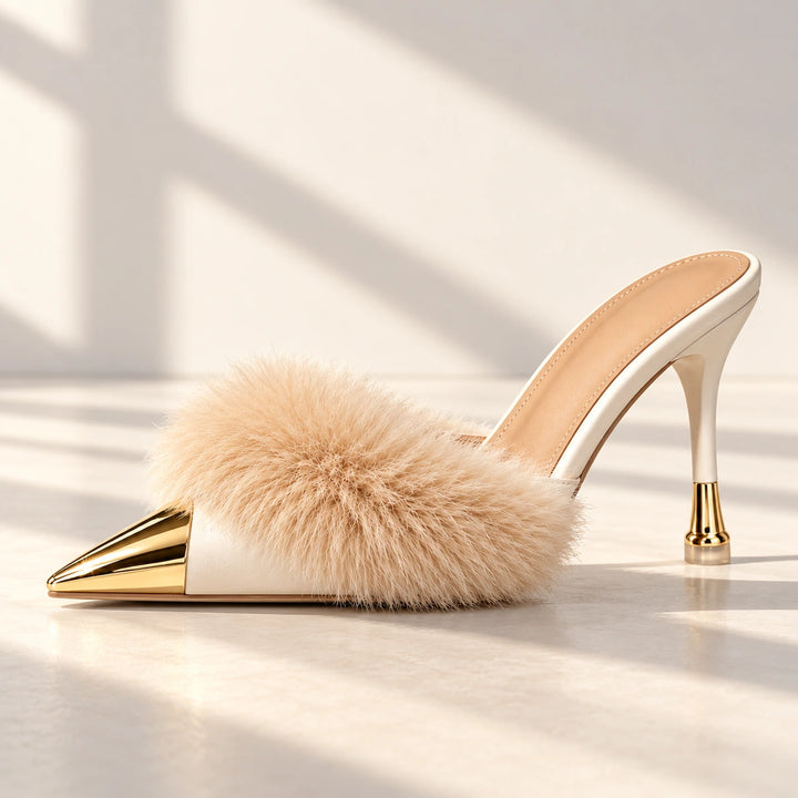 Eleanor Feather Trim Metal Toe Mule Heels - Beige