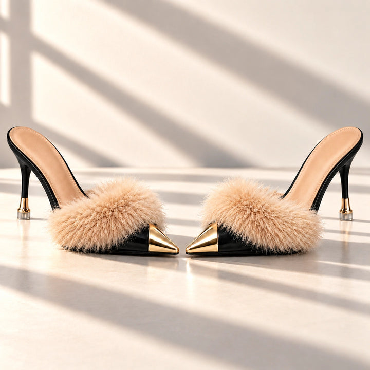 Eleanor Feather Trim Metal Toe Mule Heels - Black