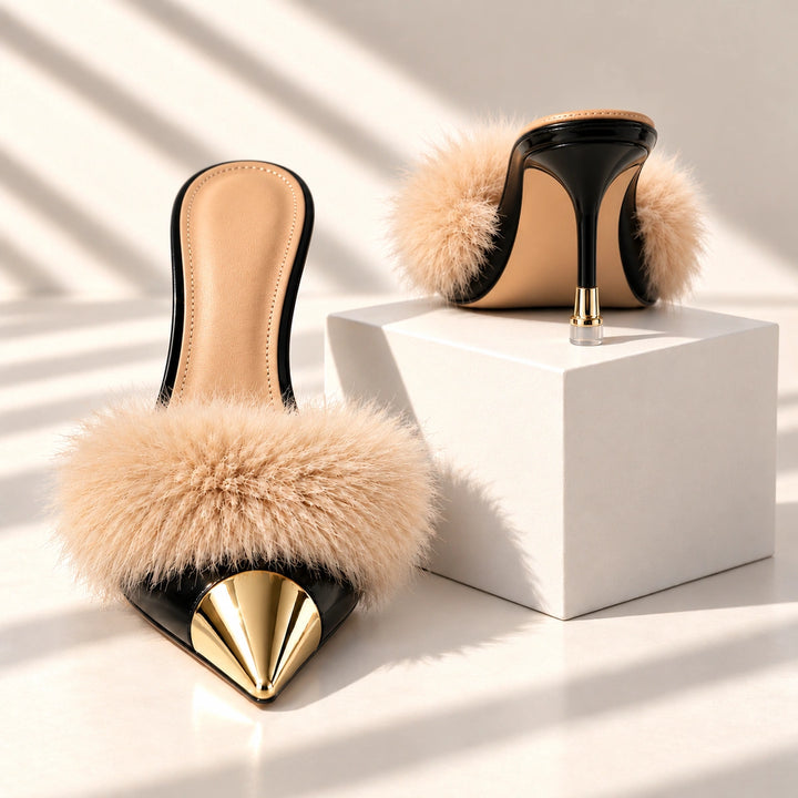 Eleanor Feather Trim Metal Toe Mule Heels - Black