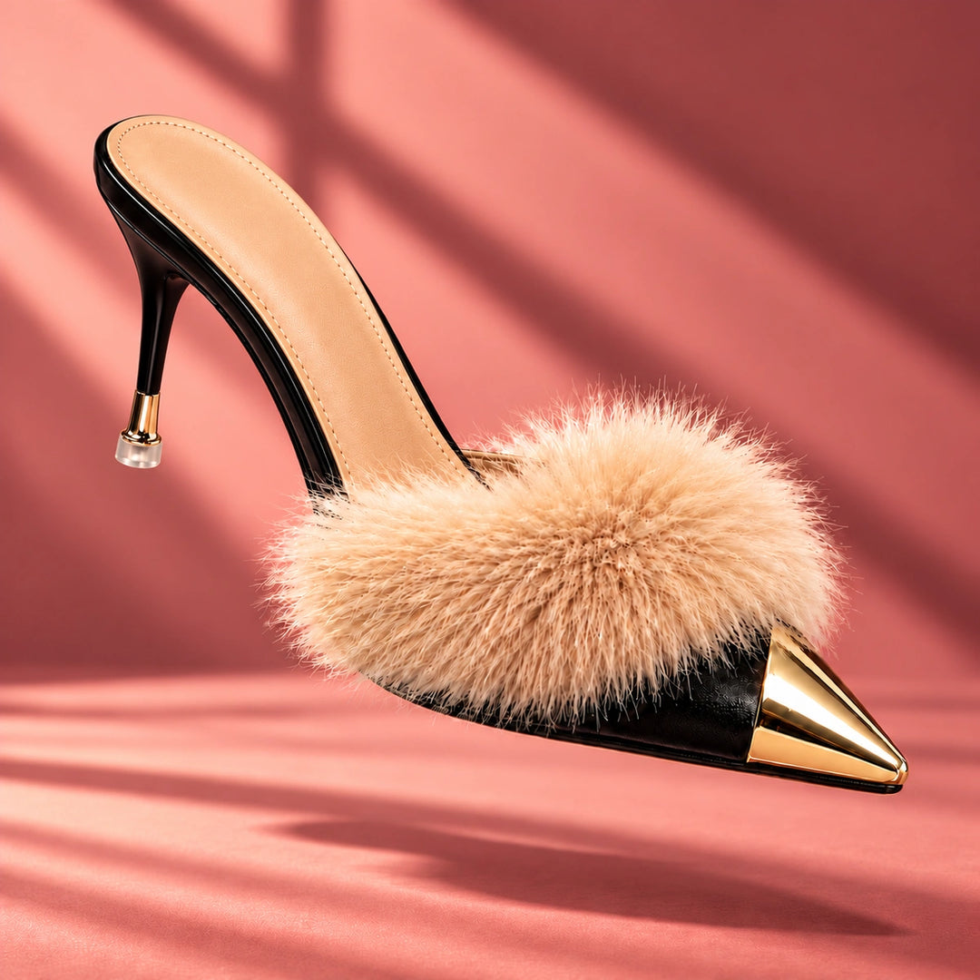 Eleanor Feather Trim Metal Toe Mule Heels - Black