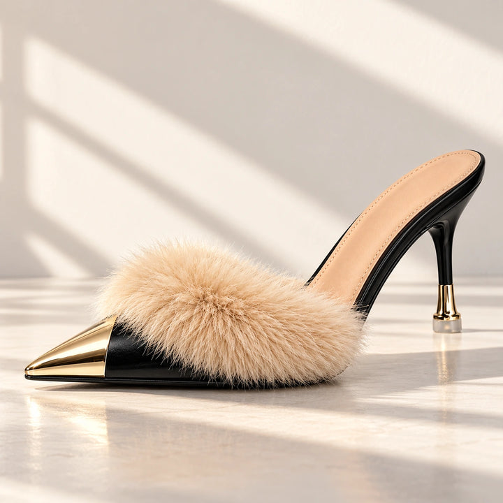 Eleanor Feather Trim Metal Toe Mule Heels - Black