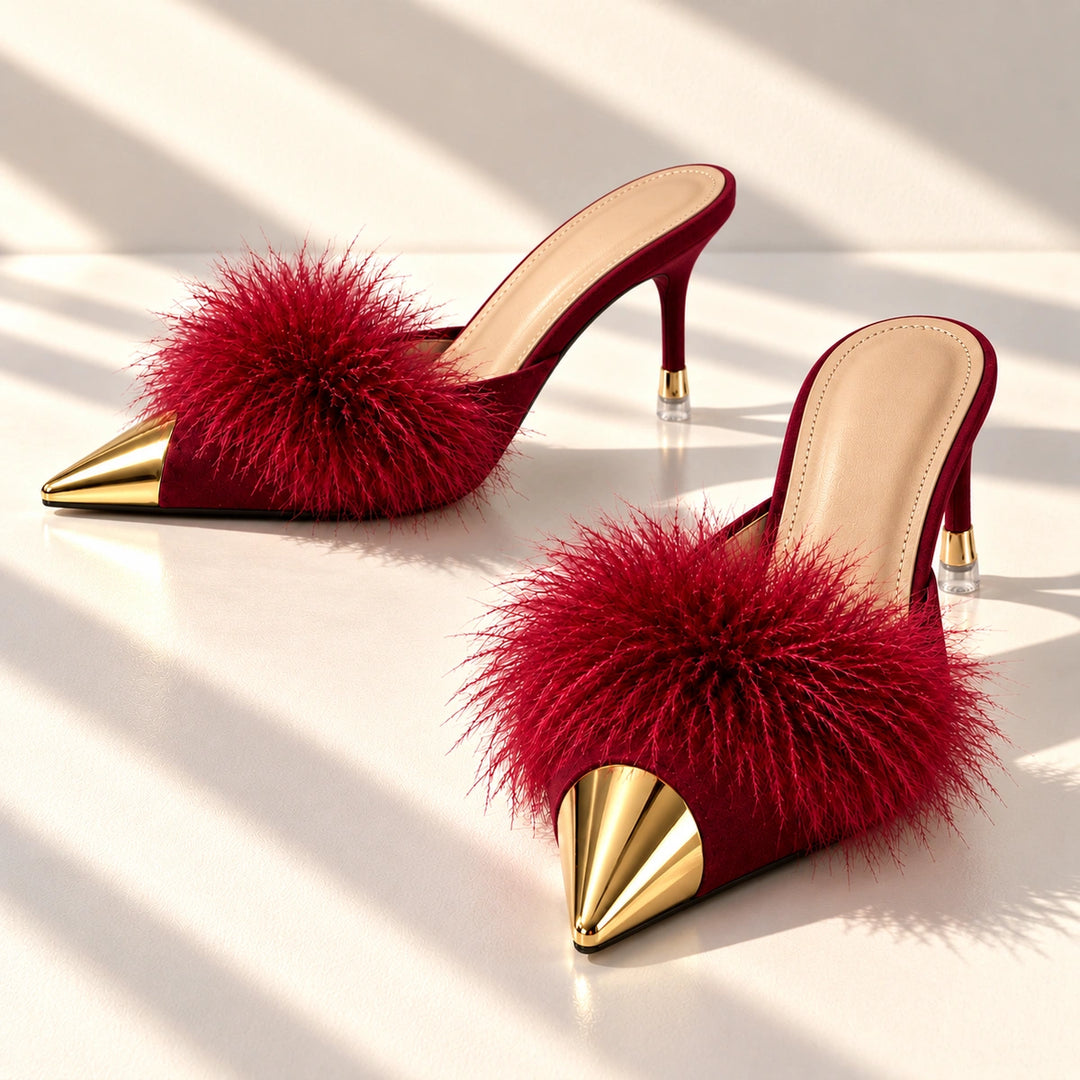 Eleanor Feather Trim Metal Toe Mule Heels - Wine Red