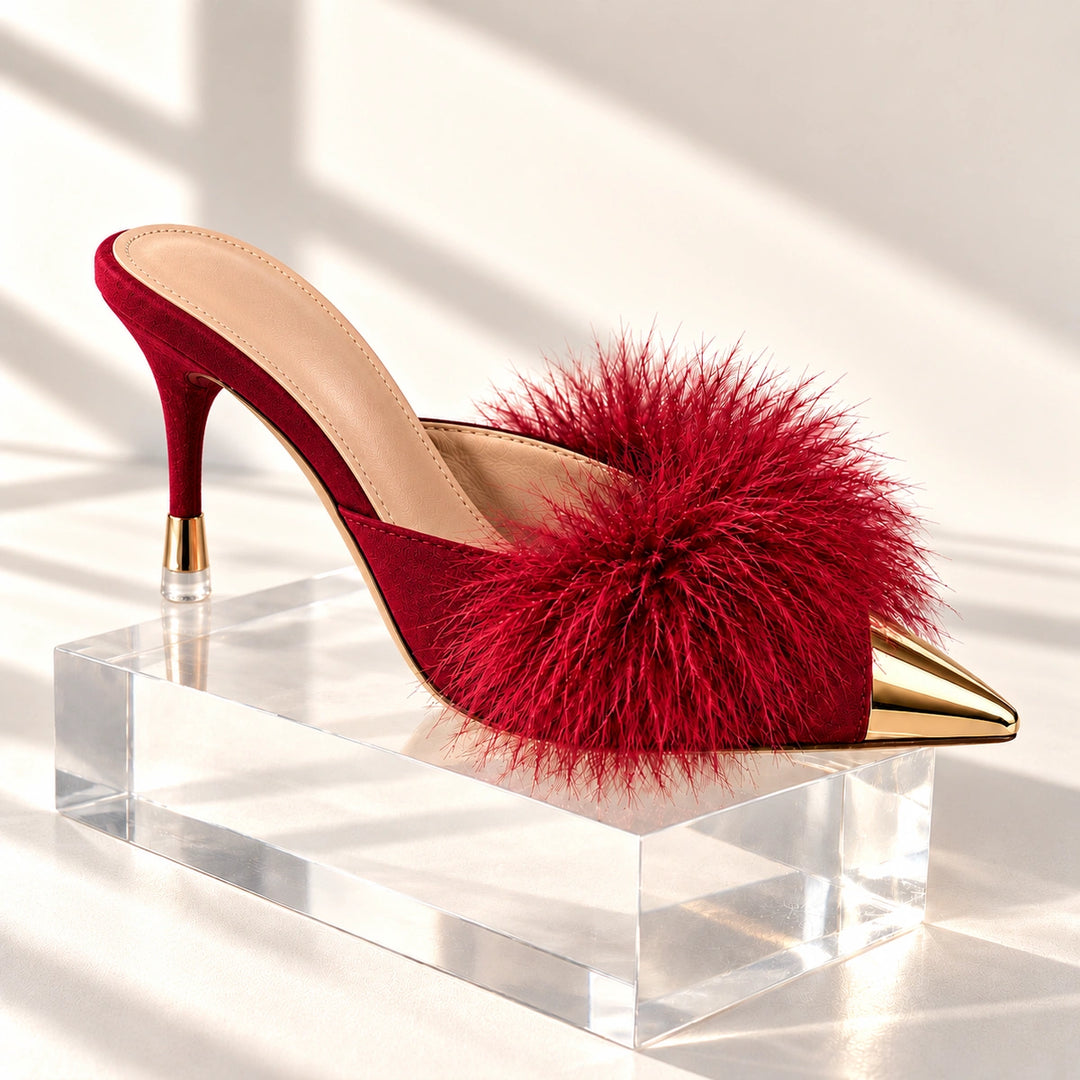 Eleanor Feather Trim Metal Toe Mule Heels - Wine Red