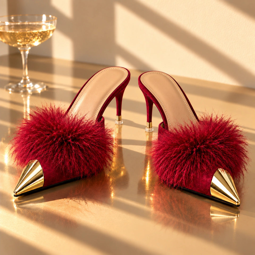 Eleanor Feather Trim Metal Toe Mule Heels - Wine Red