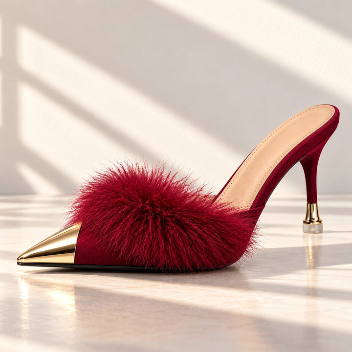 Eleanor Feather Trim Metal Toe Mule Heels - Wine Red