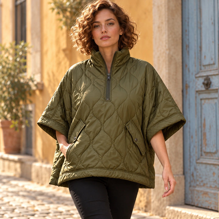 Elfreda Onion Quilted Half Zip Poncho Jacket - Green