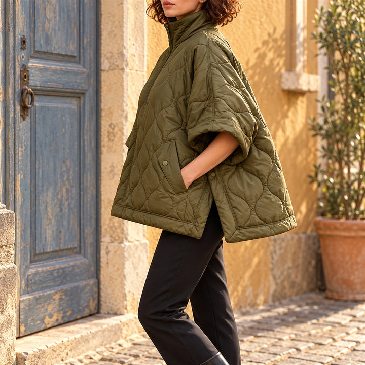 Elfreda Onion Quilted Half Zip Poncho Jacket - Green