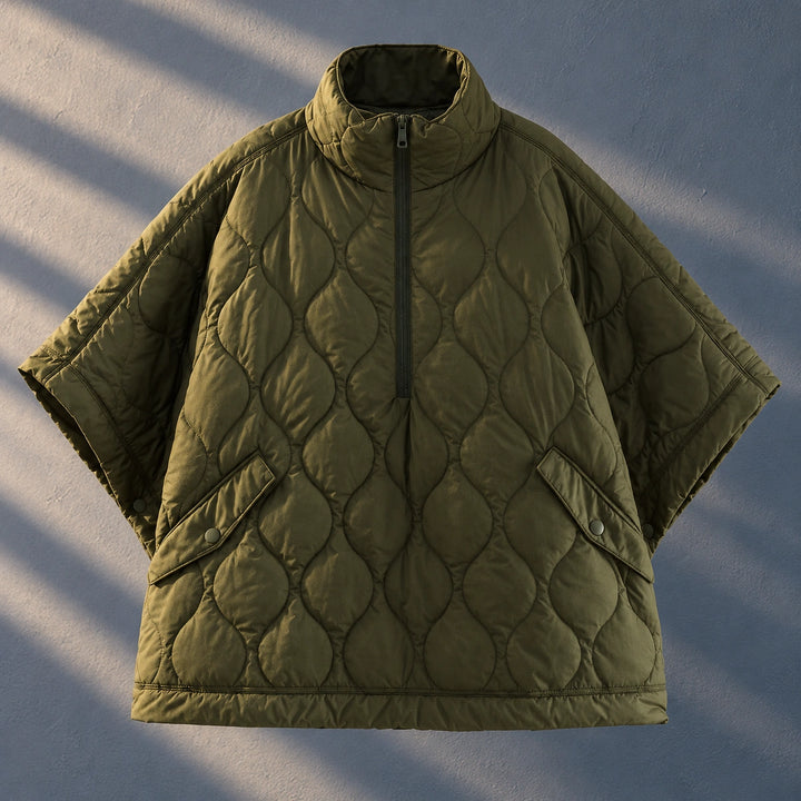 Elfreda Onion Quilted Half Zip Poncho Jacket - Green