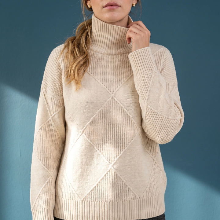 Elfrida Diamond Lattice Turtleneck Sweater - Beige