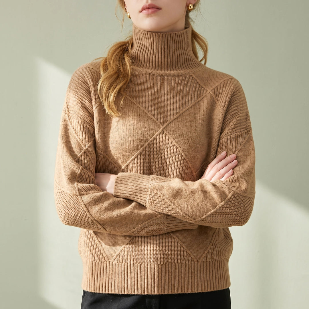 Elfrida Diamond Lattice Turtleneck Sweater - Brown