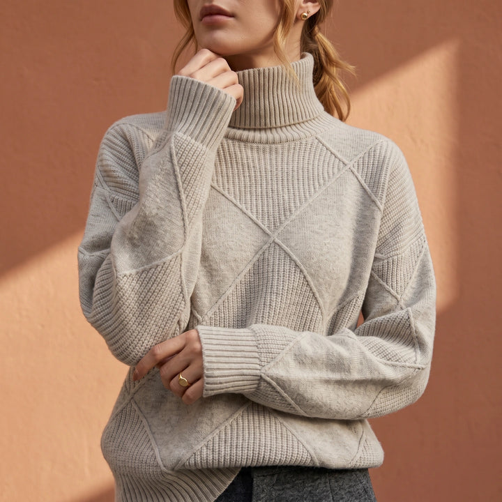 Elfrida Diamond Lattice Turtleneck Sweater - Gray