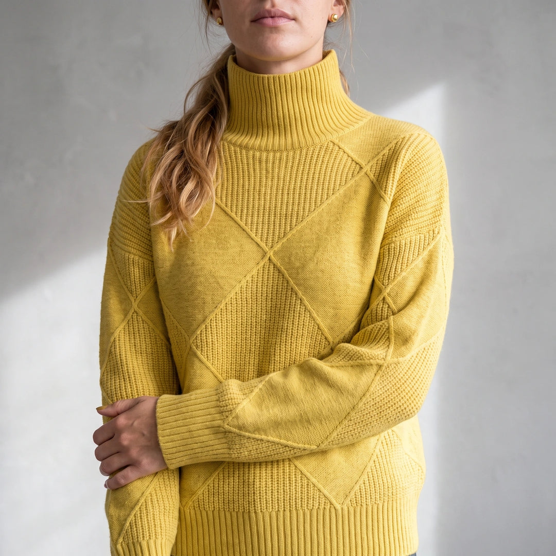Elfrida Diamond Lattice Turtleneck Sweater - Yellow