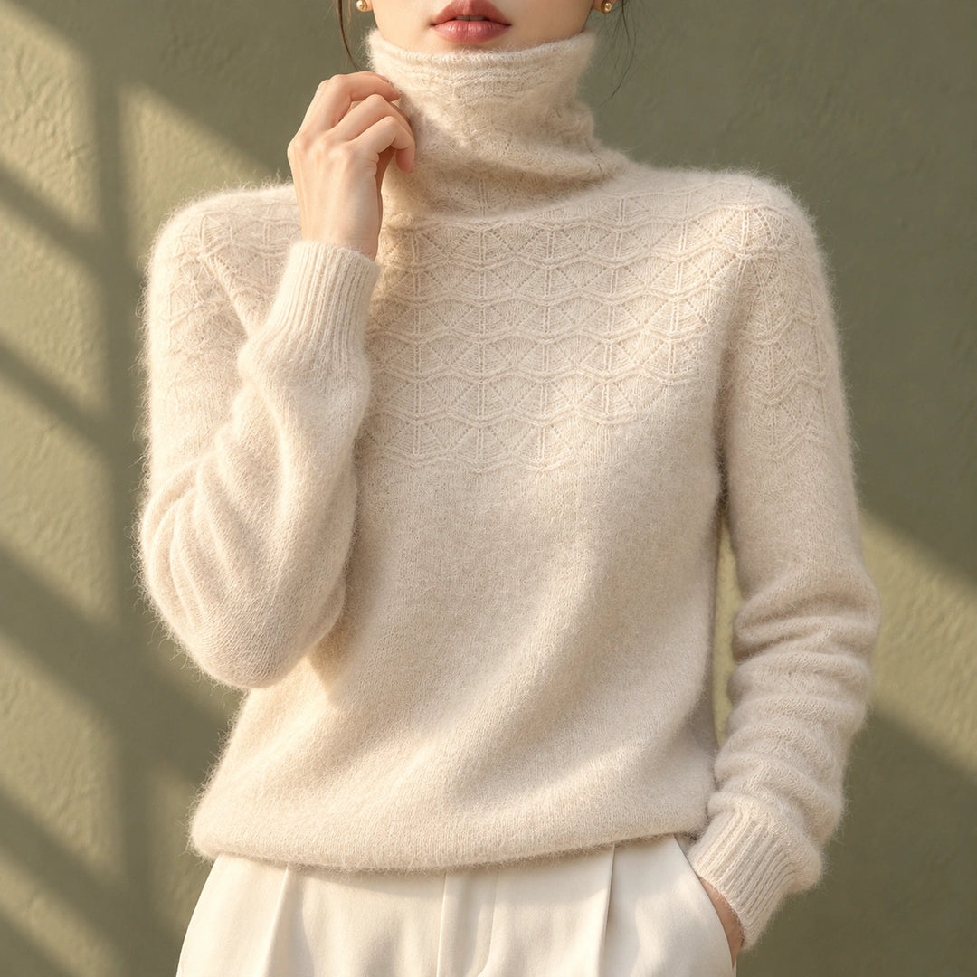 Elizabeth Cashmere Pointelle Turtleneck Sweater - Beige