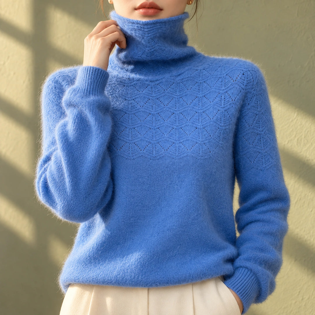 Elizabeth Cashmere Pointelle Turtleneck Sweater - Blue