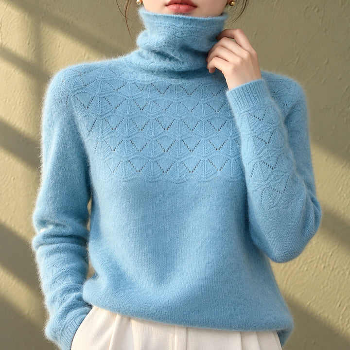 Elizabeth Cashmere Pointelle Turtleneck Sweater - Light Blue