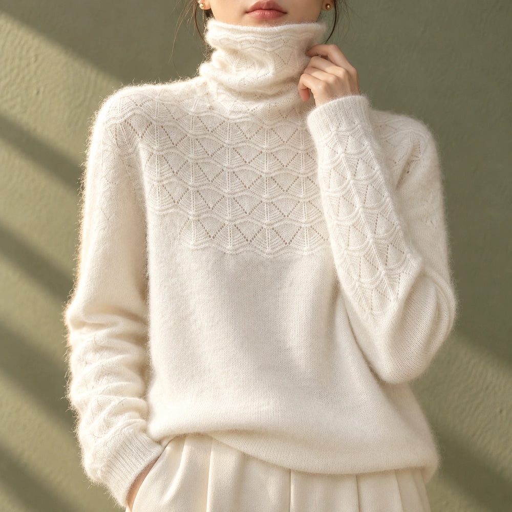 Elizabeth Cashmere Pointelle Turtleneck Sweater - White